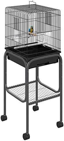 Pawhut 45-inch Metal Indoor Bird Cage, Parrot Cage, Bird Aviary with Detachable Rolling Stand, Storage Basket, and Accessories - Black | Parrot Cage