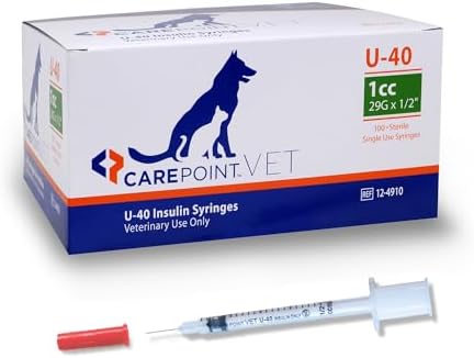 Carepoint Vet U-40 Pet Insulin Syringes, 29G x 1/2" 1/2cc, Comfortable Injection, Bold Permanent Markings for Accurate Dosage, Disposable, Box of 100