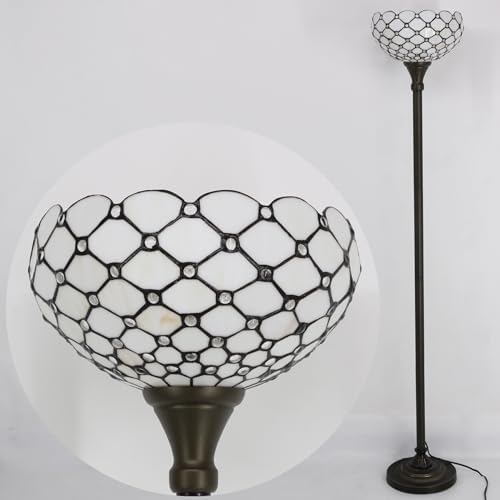 WERFACTORY Tiffany Floor Lamp Cream Amber Stained Glass Torchiere Light | 12X12X71 Inches Pole Standing Corner Torch Bead Uplight Decor Bedroom