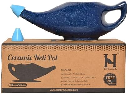 Ceramic Neti Pot Sinus Rinse Nasal Wash with Salt, Dishwasher Safe, 225 Ml. Capacity (Blue Dapple)