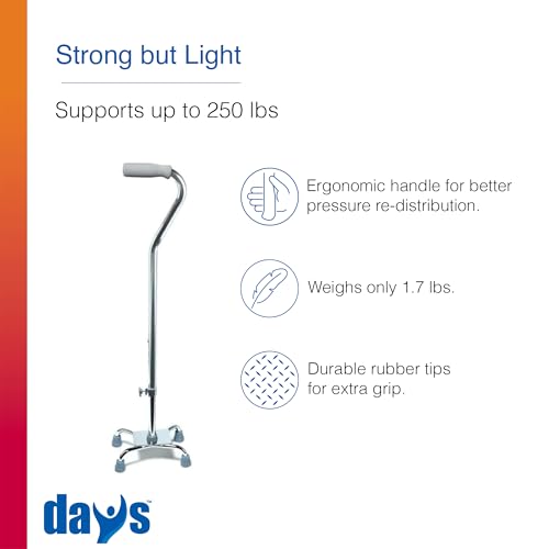 Days Quad Cane with Wide Base – Adjustable Walking Cane for Men & Women, Aluminum 4-Prong Walking Stick for Seniors with Slip-Resistant Rubber Tips, Lightweight & Self-Standing Mobility Aid