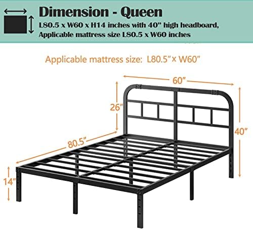 Queen 14" Heavy Duty Metal Platform Bed Frame with Headboard