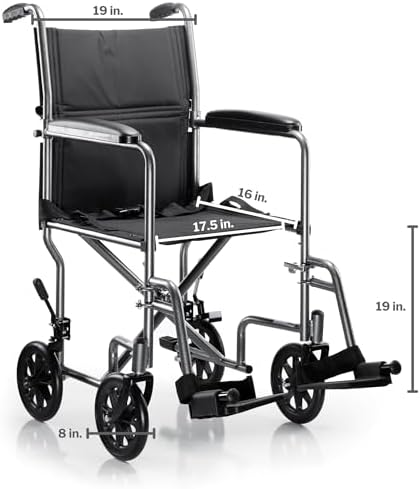McKesson Transport Wheelchair, Silver, Black, 19 in, 1 ct | Lightweight, Steel, Silver Vein Finish