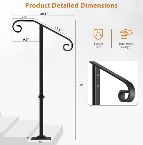 Wrought Iron Handrail 38.8" H, Single Post Handrail Fits 1 or 2 Steps