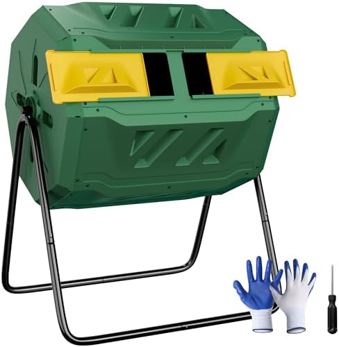 F2C Compost Bin Outdoor 43 Gallon Garden Dual Chamber Composter Bin - Bundled with Pearson's Gardening Gloves, BPA Free, Heavy-Duty Steel Frame