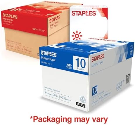 Staples Multipurpose Copy Paper, 8.5x11, 20lb, 94 Bright, 10 Reams/Carton | 5,000 white sheets total. Smooth finish reduces jams in copiers, laser & inkjet printers.
