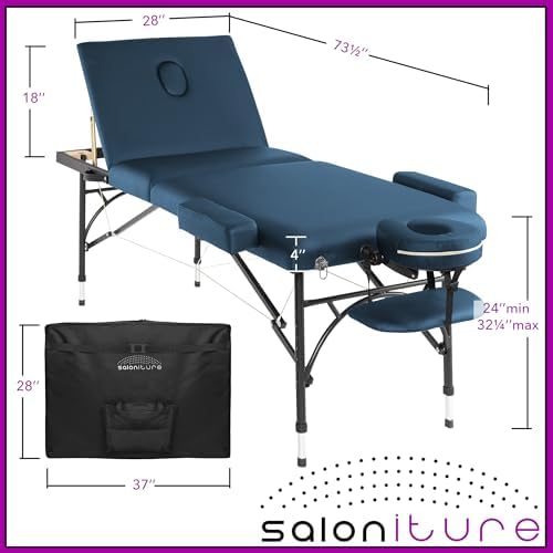 Saloniture Professional Portable Lightweight Tri-Fold Massage Table with Aluminum Legs - Includes Headrest, Face Cradle