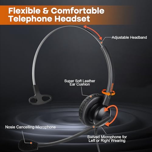 Lightweight Telephone Headset with 2.5mm Bottom Cable and Mute Button for Office Calls, Works with Cisco Polycom Panasonic Landline IP Desk Phones