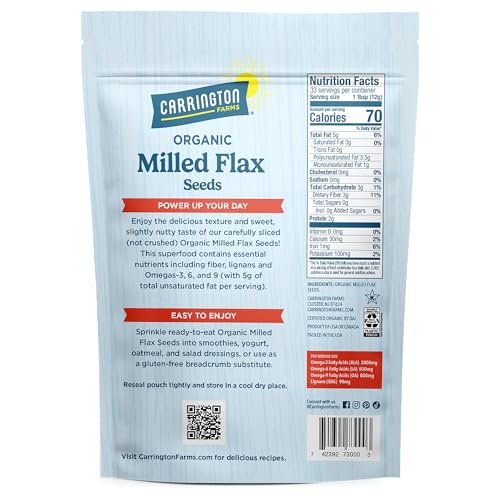 Carrington Farms Organic Milled Flax Seed 14 oz - Ground Flaxseed for Smoothies, Oatmeal, Baking & Vegan Egg Substitute | Omega-3, Fiber & Lignans | Vegan, Non-GMO, Gluten-Free