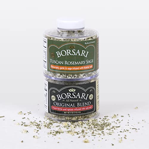 Borsari Seasoned Salt Combo - Multi-Use All Purpose Original and Orange Ginger Seasonings - Gourmet Sea Salt Blends With Herbs and Spices - Set of 2, 4 oz Shaker Bottles