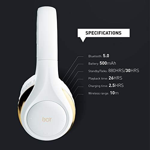 iJoy ISO Bluetooth 5.0 Wireless Over Ear Foldable Stereo Headphones with 30 Hours Battery and Built-in Microphone, (White/Gold)