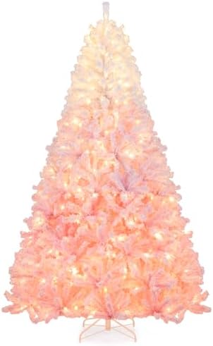 Goplus 7.5ft Pre-Lit Artificial Christmas Tree, Premium PVC Snow Flocked Hinged Pine Tree with Metal Stand and LED Lights