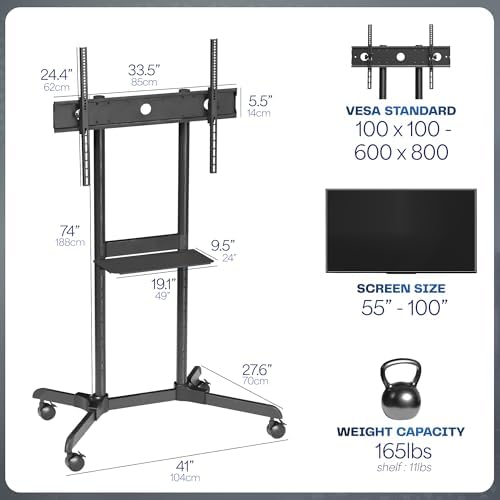 VIVO Mobile TV Cart for 32 to 83 inch Screens up to 110 lbs, LCD LED OLED 4K Smart Flat and Curved Panels, Rolling Stand with Laptop DVD Shelf, Locking Wheels, Max VESA 600x400, Black, STAND-TV03E