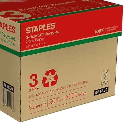 Staples 8.5" x 11" 3-Hole Punched Copy Paper, 20 lbs., 92 Brightness, 500/Ream