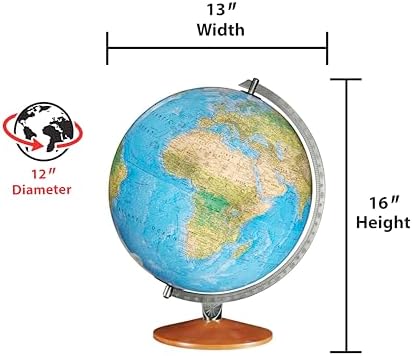 Replogle Illuminated World Globe with Stand, 12 Inch diamteter light up globe with 3-D Raised Relief Texture. Perfect for Children And Kid's Classroom and home Decor, Made In USA