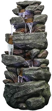 PeterIvan Outdoor Relaxing Waterfall - 6-Tier Fountain with 6 LED Lights, Stone-Liking Resin for Patio, Garden, House&Office (40.6in, Grey)
