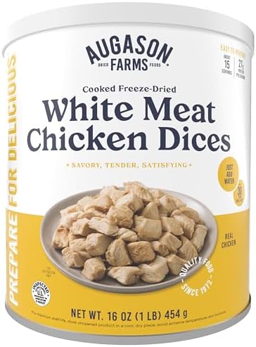 Augason Farms Cooked Freeze Dried White Meat Chicken Dices Can | Emergency Food Supply, Everyday Meals, 15 Servings