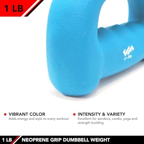 JFIT Neoprene D Grip Dumbbells - Single Weights 1LB-5LB - Premium Non-Slip, Hand Weights, Ergonomic Design
