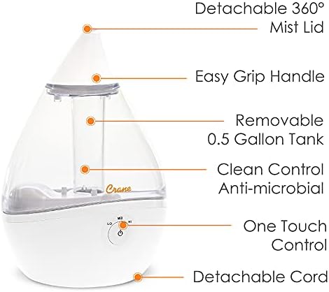 Crane Droplet Ultrasonic Small Air Humidifiers for Bedroom and Office, 0.5 Gallon Cool Mist Humidifier for Plants and Home, Humidifier Filters Optional, Blue and White