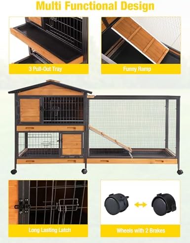 Aivituvin Rabbit Hutch, Indoor Bunny Cage with Run Outdoor Rabbit House with Two Deeper No Leak Trays - 4 Casters Include (Grey)