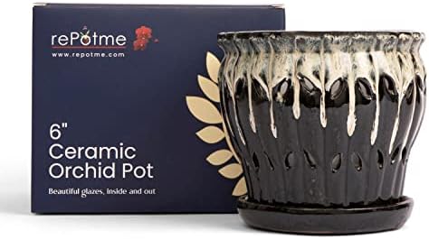 rePotme 6" Pinwheel Fluted Ceramic Plant Pot (Cream Over Lavender) - Includes Free 6 inch Slotted Pot Liner - Great for Orchids, Succulents