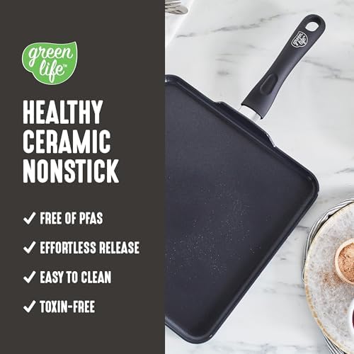 GreenLife Soft Grip Diamond Healthy Ceramic Nonstick 11" Griddle Pan, PFAS-Free, Dishwasher Safe, Black