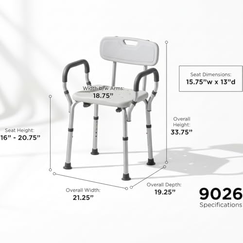 NOVA Bath Seat with Padded Removable Arms & Back, Shower Chair for Seniors, 300 lb Capacity, Adjustable Height 16"–21", Tool-Free Assembly