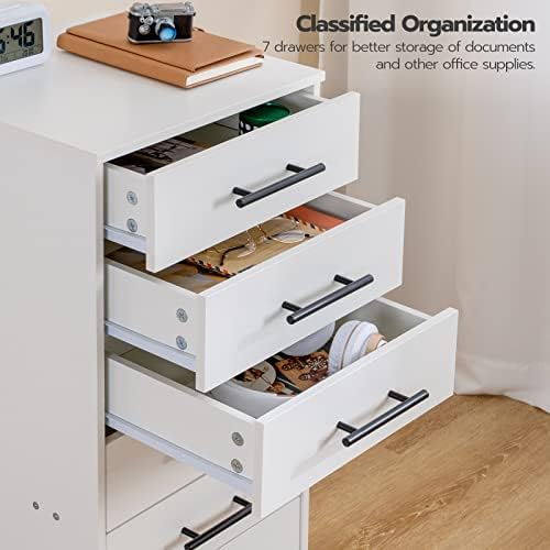 HOOBRO 7-Drawer File Cabinet, Wooden Office Cabinet with Drawers, Mobile Storage Filing Drawer for Home Office, Study, Easy Assembly, White WT07WJ01