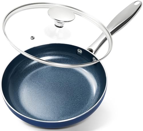 MICHELANGELO 10 Inch Frying Pan with Lid, Blue Frying Pan with Nonstick Diamond Infused Coating, Nonstick Frying Pans, Diamond Fry Pan Blue