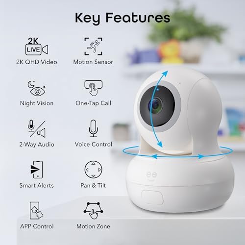 Geeni Sentinel Smart 2K Indoor Security Camera with Auto-Tracking – Dual-Band 2.4GHz & 5GHz WiFi, 2K HD Video, App & Voice Control, Motion Detection, White