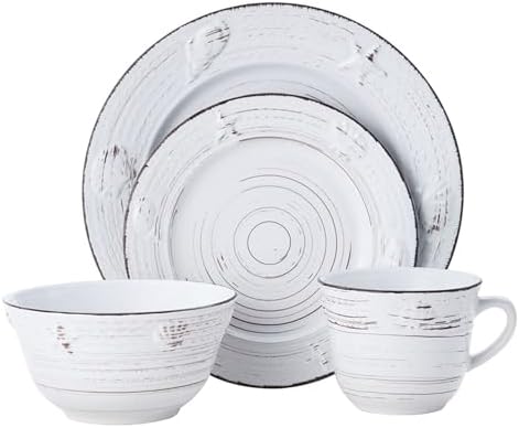 Pfaltzgraff Trellis White 16-Piece Stoneware Dinnerware Set, Service for 4, Distressed White Finish, Microwave & Dishwasher Safe Plates and Bowls