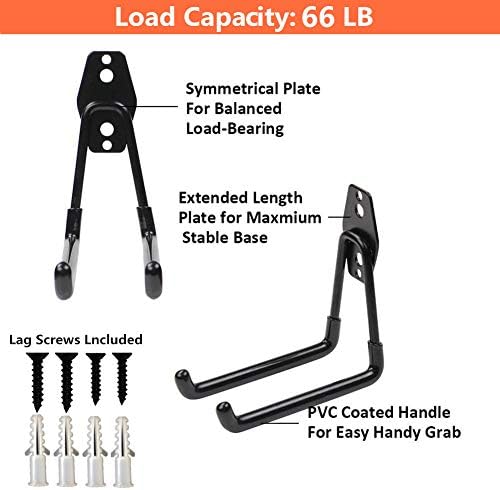 Wall Mount Heavy Duty Double Utility Tools Hooks with Anti-Slip Coating for Garage Storage Organizer Shovels Chair Hose