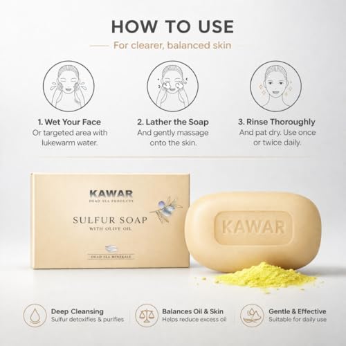KAWAR Premium Dead Sea Sulfur Soap with Olive Oil, Face & Body Bar, 1-Pack | No Fragrance, No Artificial Colorants, Authentic Dead Sea - Vegan Formula Enriched with Argan & Jojoba Oil, Men & Women