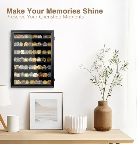 ASmileIndeep 7 Rows Military Challenge Coin Holder Display Cabinet Wall Mount with HD Tempered Glass, Holds 100 Coins, Wooden Medal Display Case Shadow Box with Removable Shelves, Mahogany