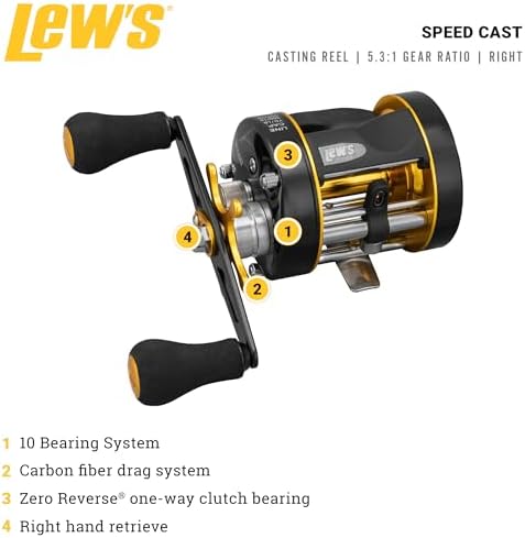 Lew's Speed Cast 5.3:1 Right Hand Casting Reel, Black/Gold