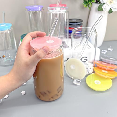WHEATHUSK 20 Pack Glass Cups with Acrylic Lids and Glass Straws 16oz Iced Coffee Cups Clear Glass Tumbler Can Shaped Drinking Glasses