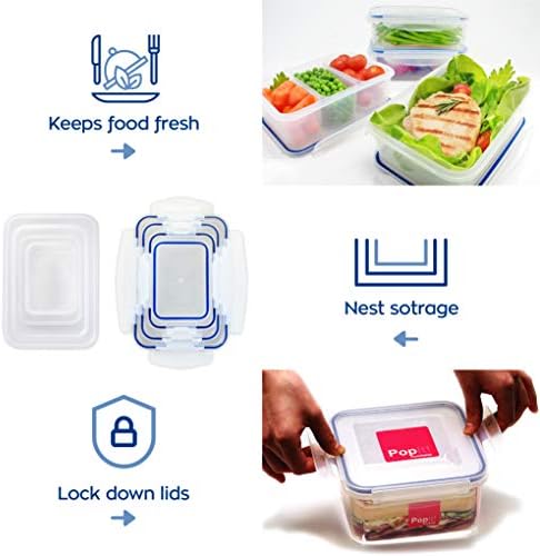 Popit! Airtight Food Storage Containers with Lids, 8-Piece Set, BPA Free Plastic, Microwave, Freezer & Dishwasher Safe, Stackable