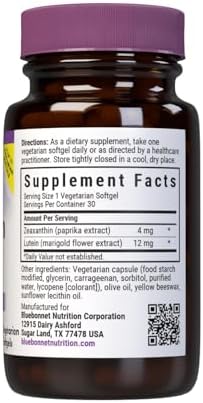 Bluebonnet Nutrition Zeaxanthin & Lutein, Eye Health*, Gluten-Free, Dairy-Free, 60 Vegetarian Softgels, 60 Servings | Eye Health; Vegetarian, Gluten-Free, Dairy-Free