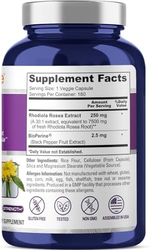 Rhodiola Rosea, Non-GMO, vegan, 250mg, 180 Veggie Capsules - 180 Servings | Plant Based 30:1 Extract, BioPerine, Suitable for Adults