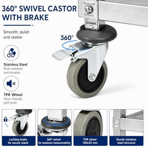 Metal 3 Tier Utility Cart Kitchen Trolley Catering Storage Cart with Universal Wheels Easy to Assemble& Move for Kitchen Restaurant Hotel Cafe Home