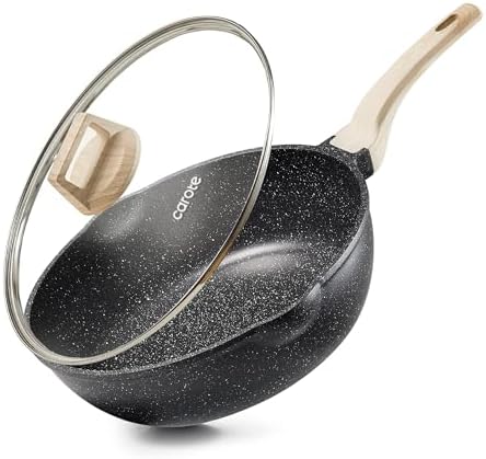 CAROTE 12 Inch Nonstick Deep Frying Pan with Lid, 5.5 Qt Black Granite | Kitchen Non-Toxic PFOA Free Cookware, Covered Sauté Pans All Stovetops Compatible, Easy to Clean