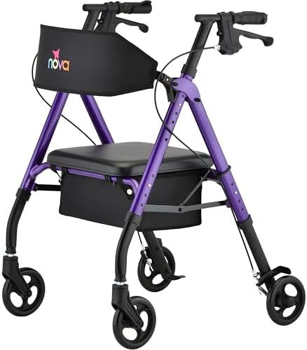 NOVA Star 6 Foldable Rollator Walker for Seniors, Wide Padded Backrest with Seat, 6” All-Terrain Wheels, Easy-Grip Locking Hand Brakes, Height Adjustable, Blue