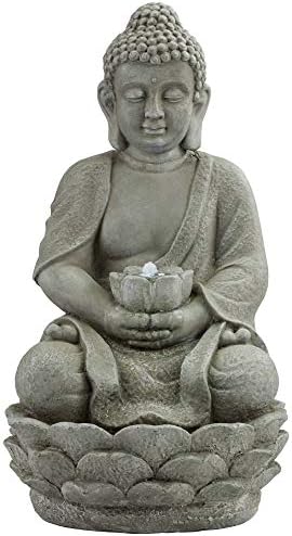 Meditating Buddha 24" High Outdoor Indoor Large Bubbler Fountain with Light | Zen Asian Decor Resin Floor LED Standing Water Feature for Outside Garden Patio Yard Backyard Porch Deck