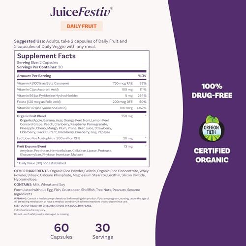 Natrol JuiceFestiv Vitamins and Supplements, 60 Capsules (2-Count) | For Nutrition & Well-being, Antioxidants for Cellular Health, Daily Fruit & Veggie Capsules, 120 Capsules, 30 Day Supply