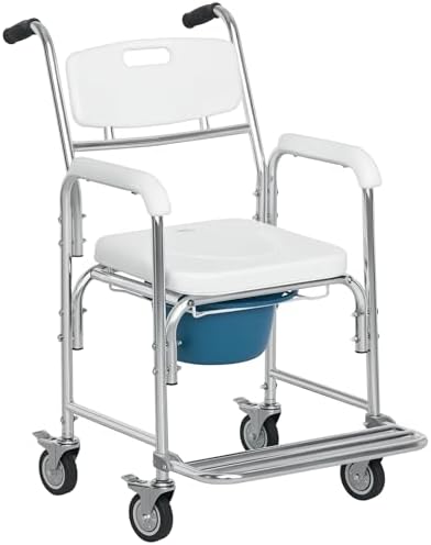 HOMCOM 3-in-1 Shower Commode Wheelchair, FSA/HSA Eligible Transport Beside Commode Chair