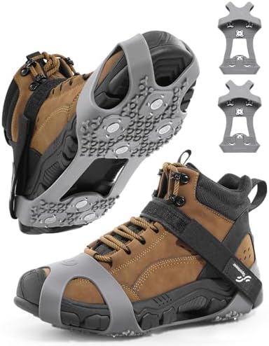 Sportneer Crampons： Ice Cleats for Shoes and Boots with 28 Spikes - Traction Slip-on Stretch Footwear for Walking and Shoveling on Ice and Snow - Lightweight for Women and Men