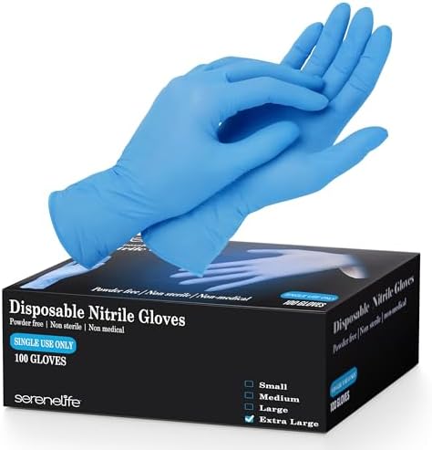 SereneLife 100 Pcs Nitrile Disposable Gloves - Soft Industrial Gloves, Vinyl Gloves Powder-Free, Latex-Free Protective Gloves, Soft and Comfortable