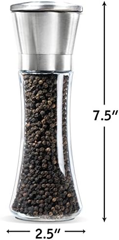 Levav Premium Salt and Pepper Grinder Set of 2- Brushed Stainless Steel Pepper Mill and Salt Mil, Glass Body