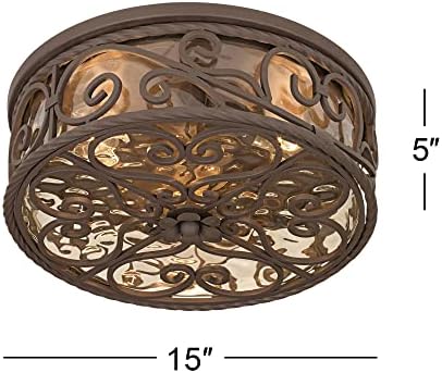 Casa Seville 12" Walnut Rustic Indoor-Outdoor Ceiling Light Fixture | Flush-Mount Dark Scroll Water Glass Damp Rated for Exterior House Porch Patio Outside Deck Garage Front Door Home