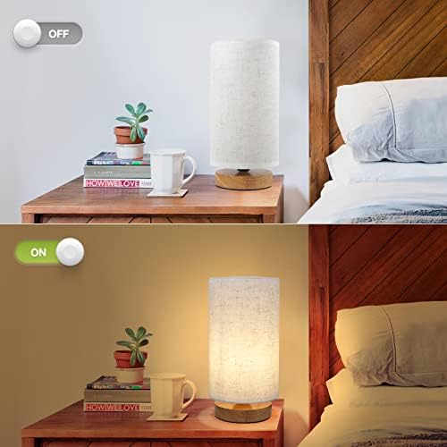 Small Bedside Night Table Lamp for Bedroom, Minimalist Nightstand Lamp with Round Fabric Linen Shade, Study Reading Desk Lamp for Kids Room